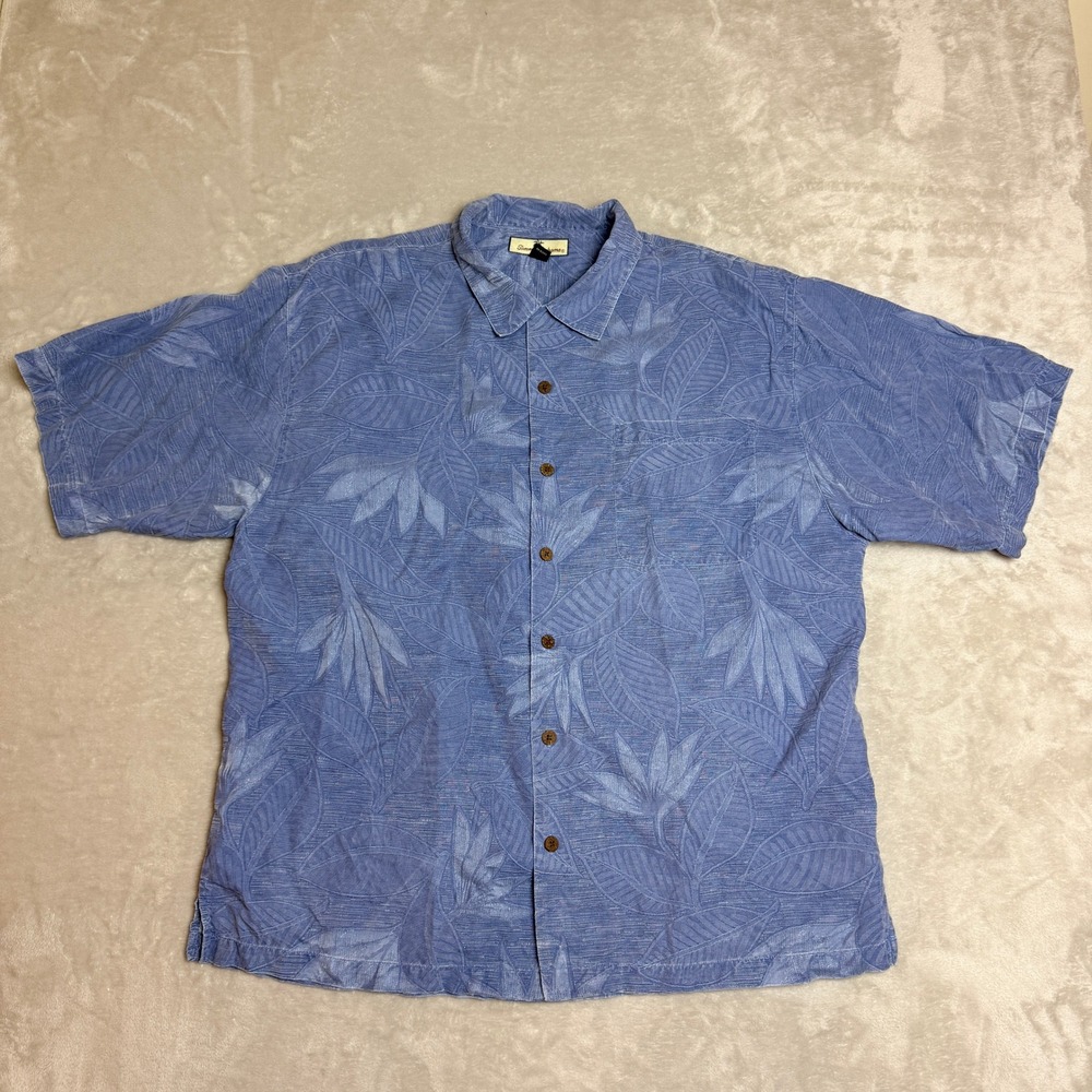 VTG Tommy Bahama 100% Silk Hawaiian Shirt Men XL Blue Floral Leaf Jacquard AOP